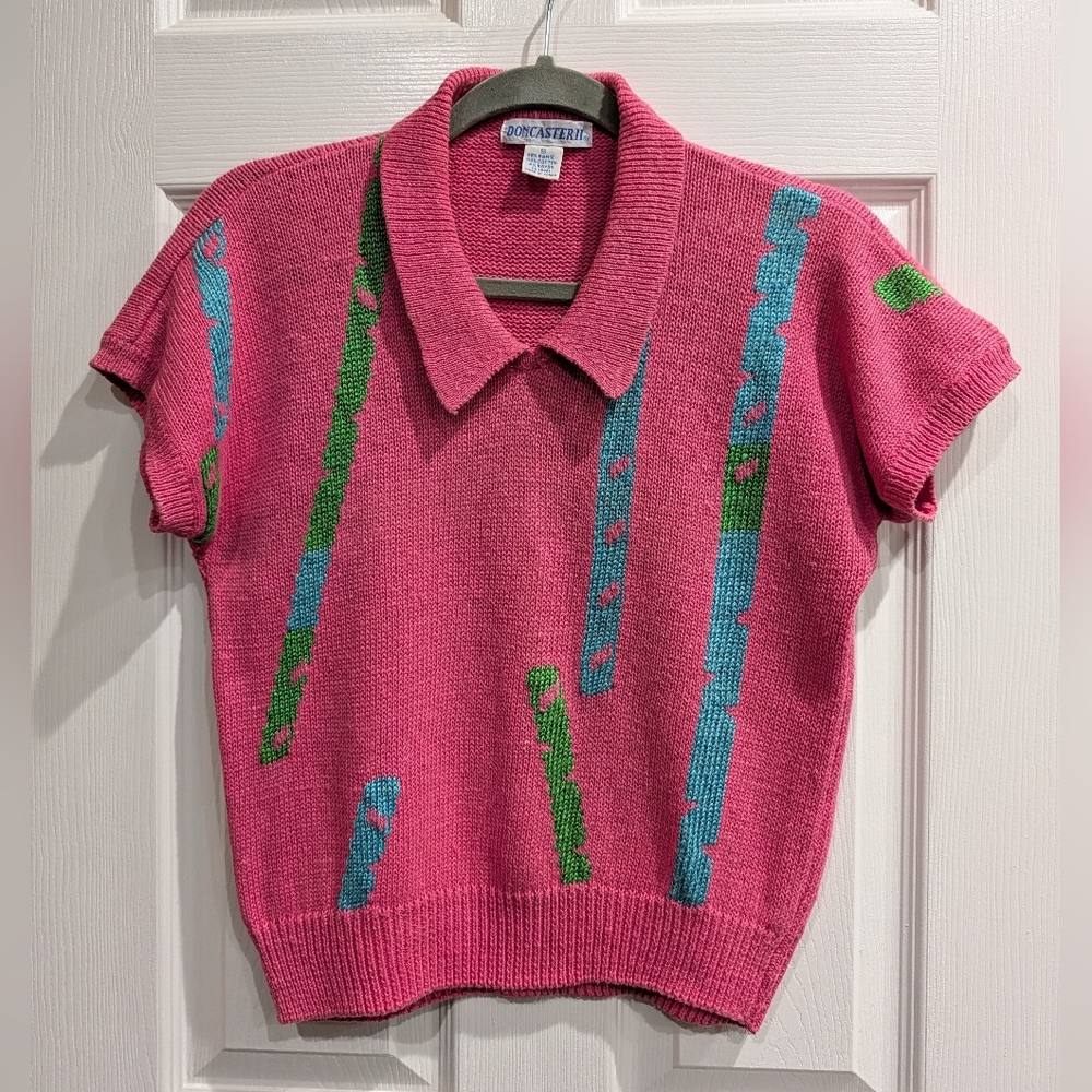 Vintage Doncaster Womens Retro Polo Knit Top Small 80s Preppy Grandma Abstract